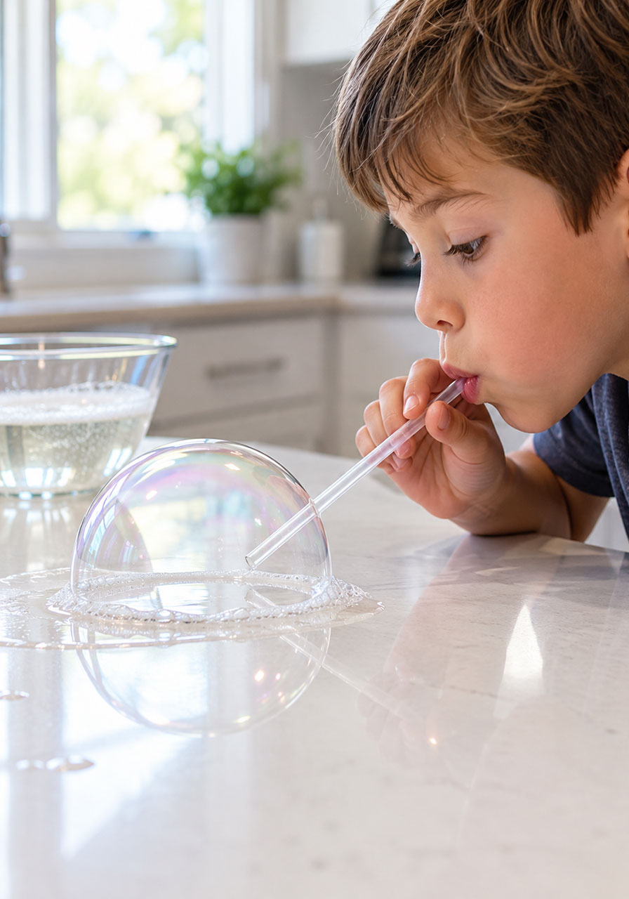 Boy blowing a dome-shaped bubble on a wet counter through a straw for unpoppable bubbles