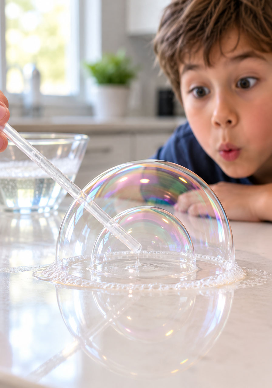 Second smaller bubble forming inside a larger bubble with a straw passing through the outer wall