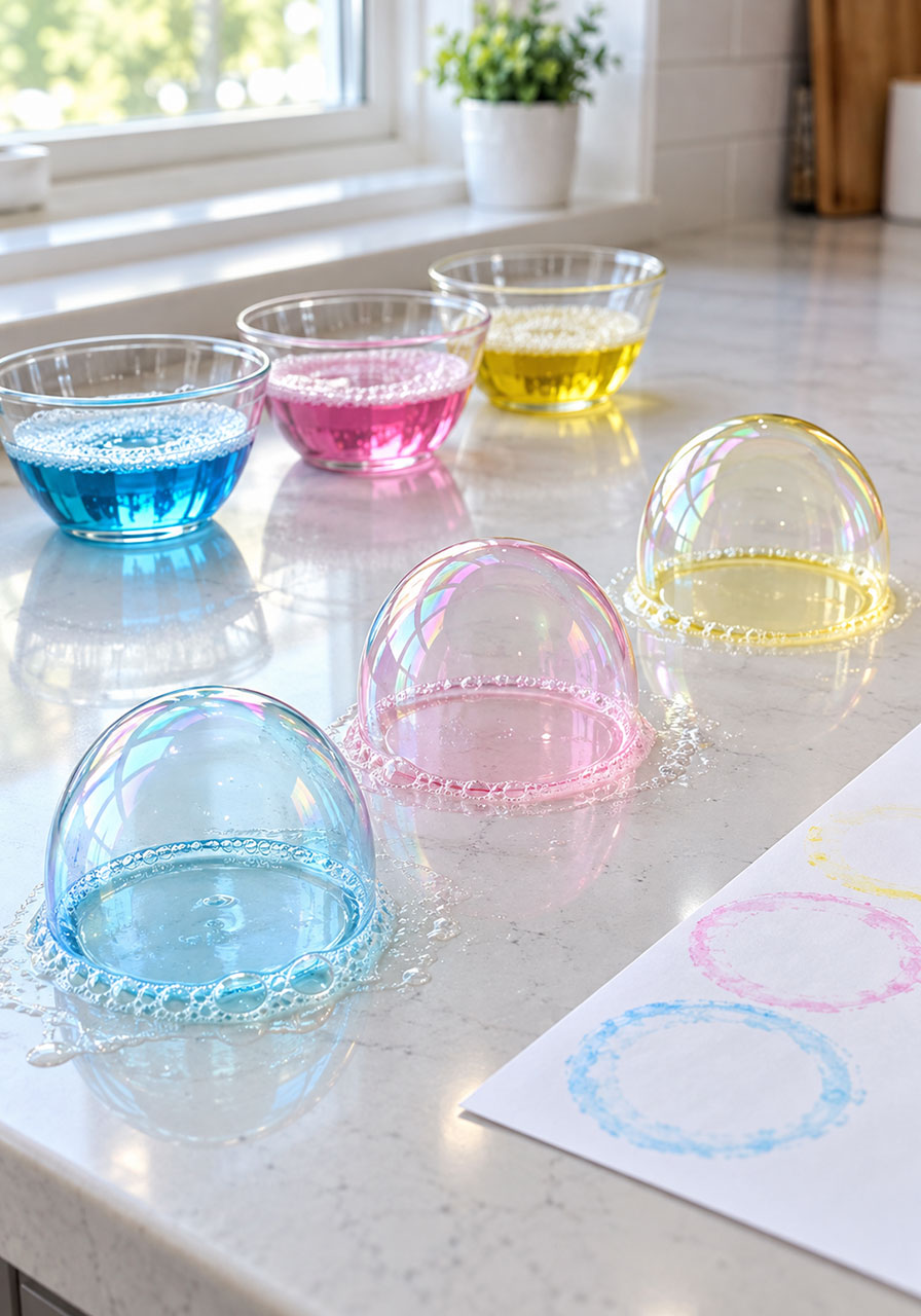 Blue, pink, and yellow tinted bubbles on a counter beside bowls of colored bubble solution