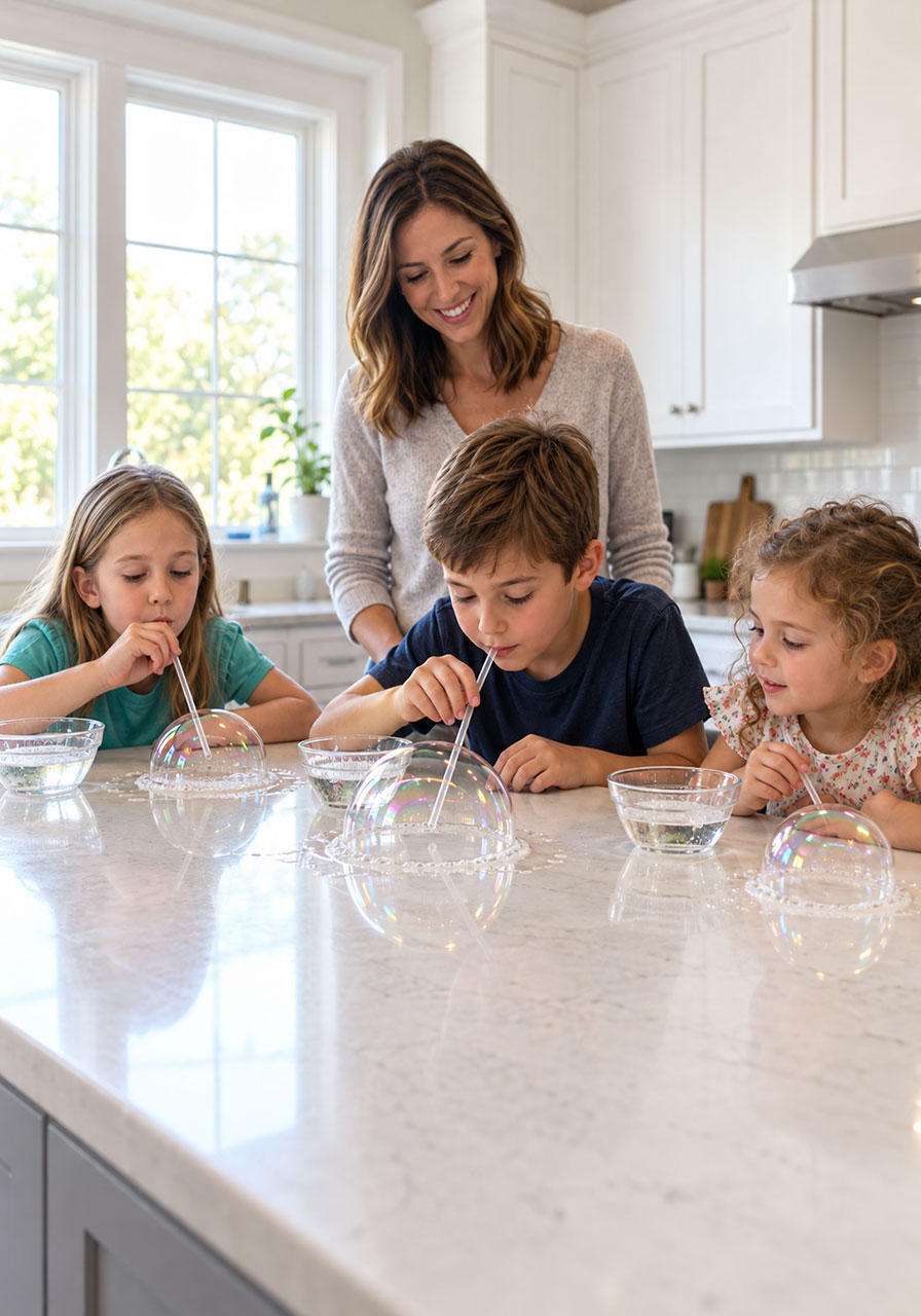 Three children making unpoppable bubbles at a kitchen counter with an adult supervising