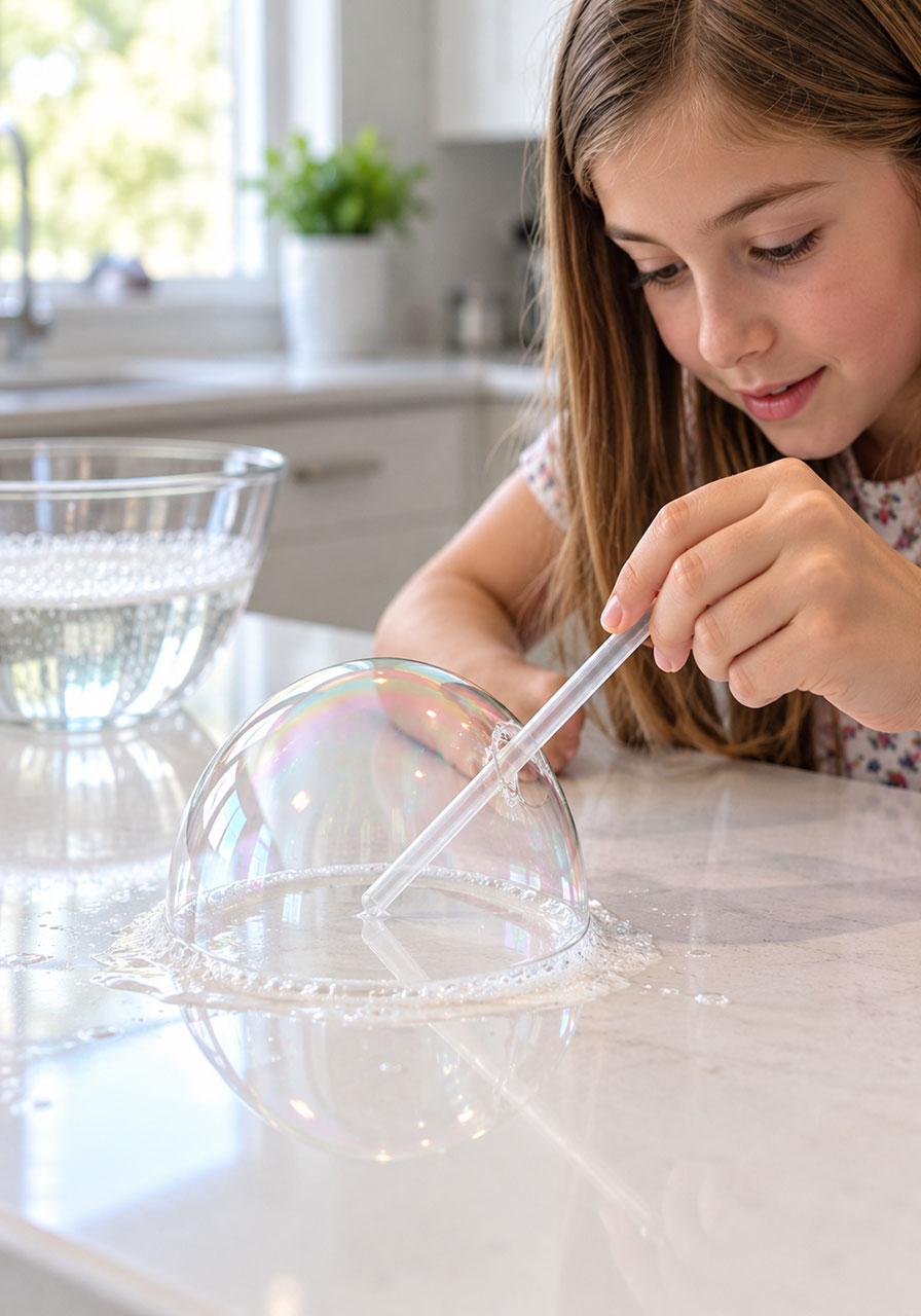 Girl guiding a wet straw through the wall of a bubble without popping it