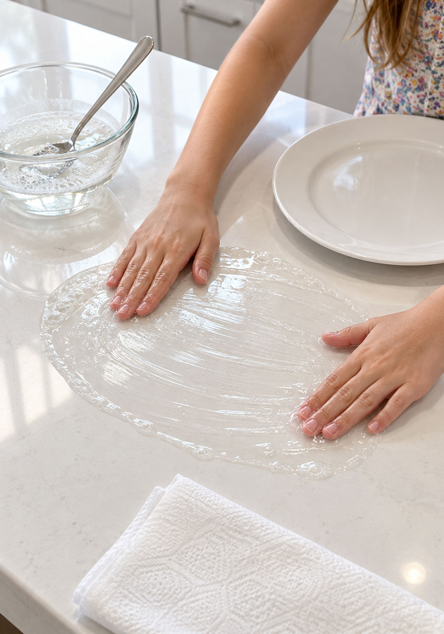 Child spreading a thin layer of bubble solution on a clean counter before blowing unpoppable bubbles