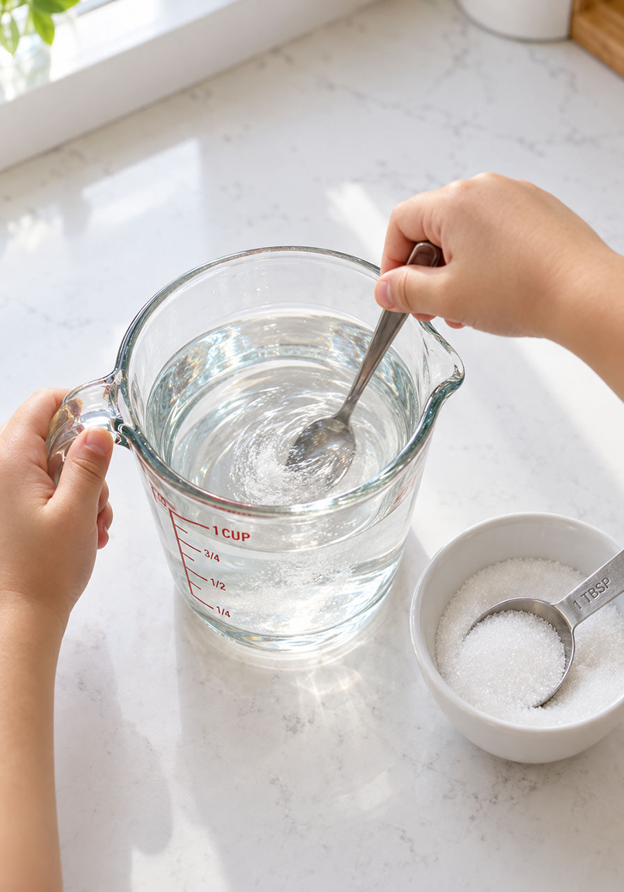Child's hands stirring sugar into a cup of water to make unpoppable bubble solution