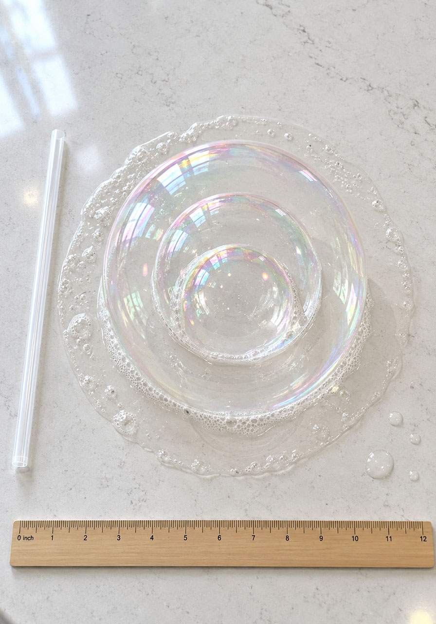 Overhead view of three bubbles stacked inside each other on a wet counter