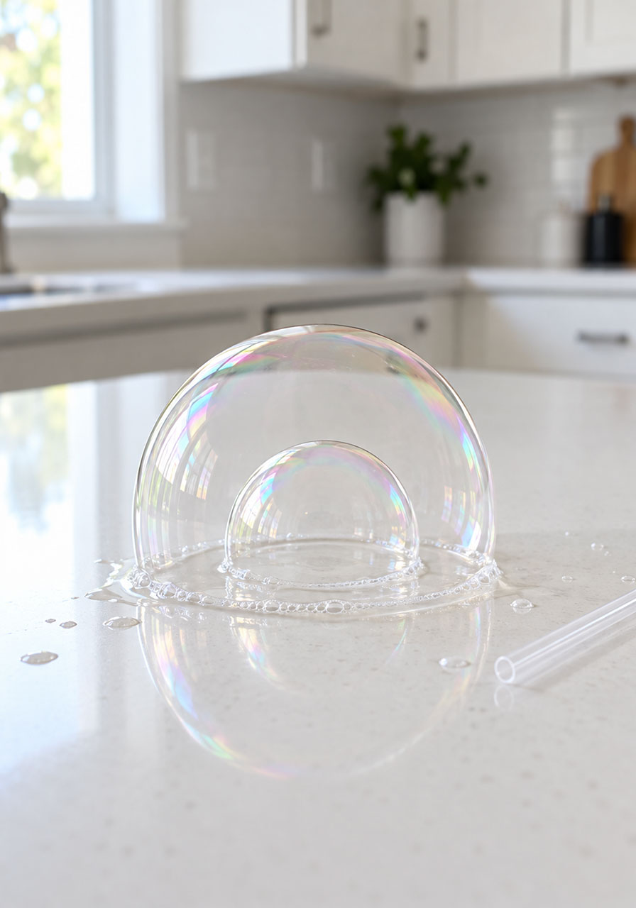 Unpoppable bubble with a smaller bubble inside it on a wet white kitchen counter