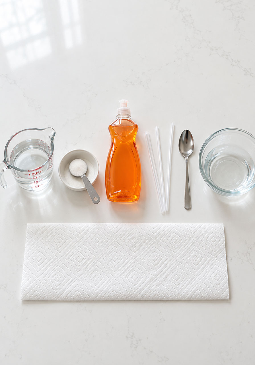 Supplies for unpoppable bubbles: water, sugar, liquid dish soap, drinking straws, and a spoon