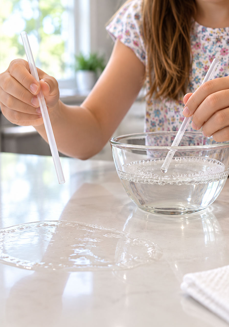 Dry straw tip next to a straw tip being dipped in bubble solution before blowing unpoppable bubbles
