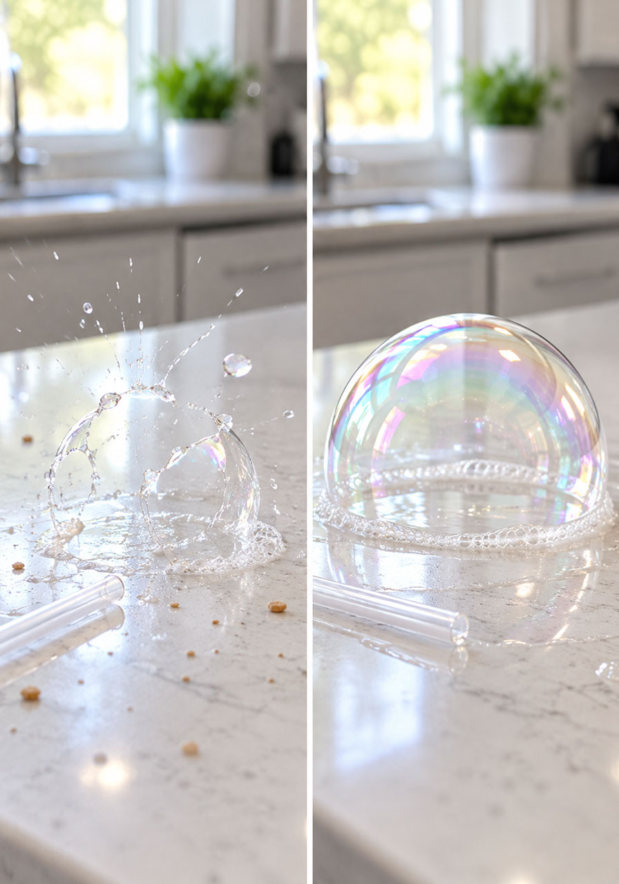 Comparison of a popped bubble on a dry counter and an intact bubble on a wet counter